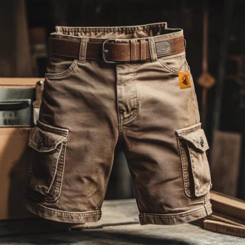 men’s digital print tan cargo shorts made of polyester with multiple pockets and a brown leather belt