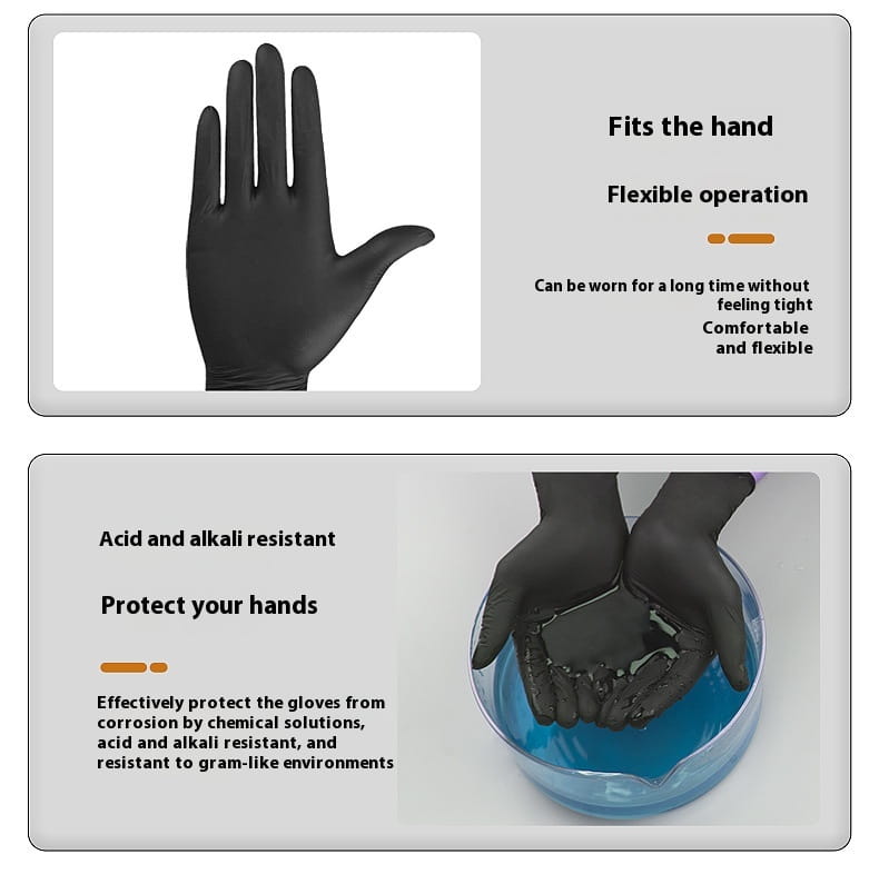 black nitrile disposable gloves 100 pack showing the back side designed for flexible comfortable wear and protection against acid and alkali solutions