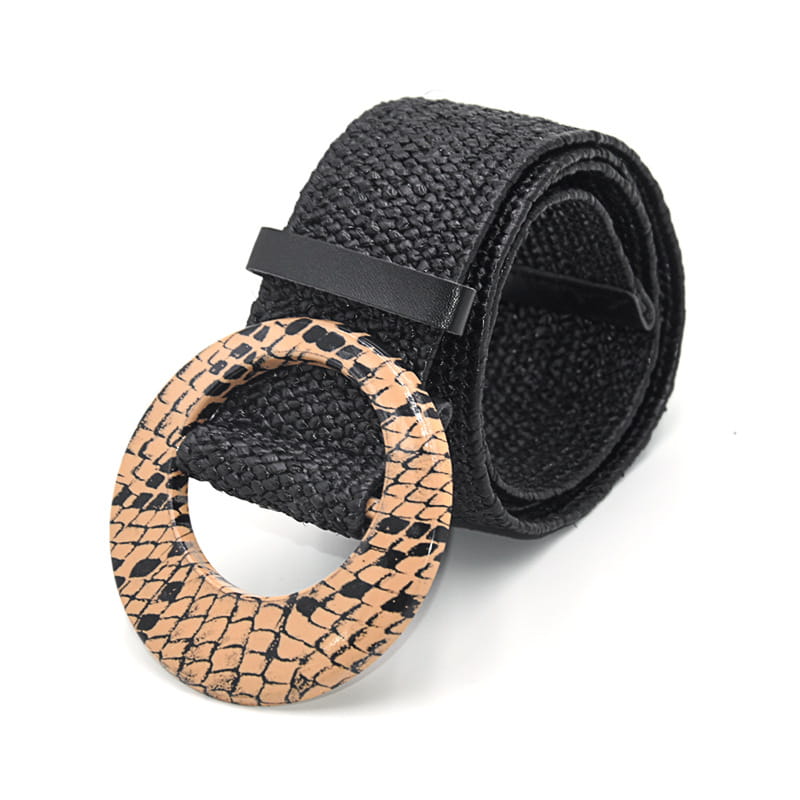Black woven elastic belt with a round buckle featuring a tan and black snake skin pattern.