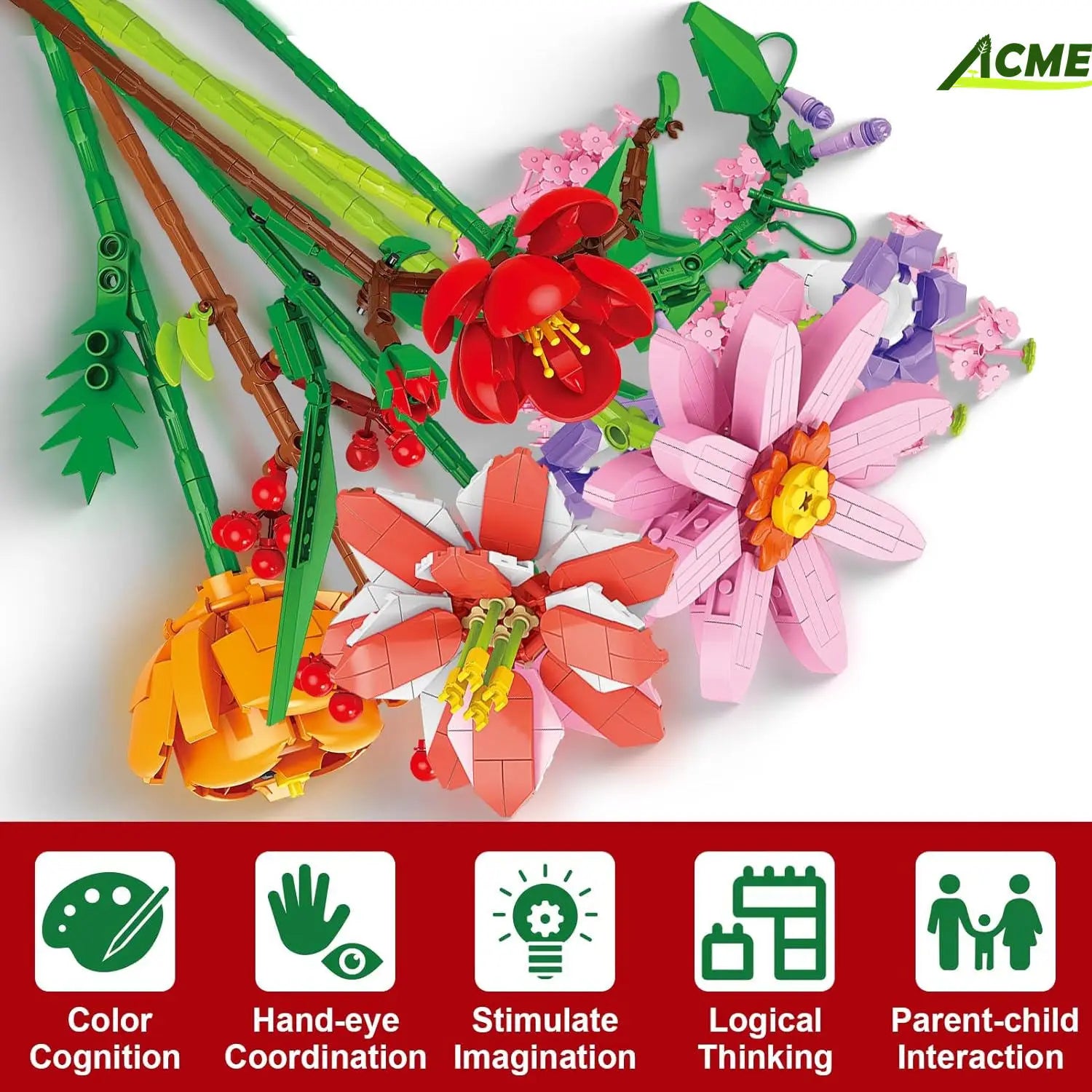 Un ensemble de briques de construction de calendrier de l’Avent en forme de bouquet de fleurs, éclatant et fleuri, présentant des fleurs colorées de style LEGO, avec des fleurs rouge, rose, orange et pourpre, ainsi que des tiges et feuilles vertes.