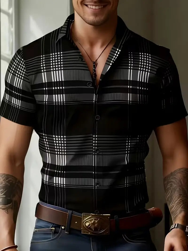 Chemise à manches courtes boutonnée style coréen à coupe slim pour homme, en noir et blanc à carreaux, adaptée à la tenue d’été