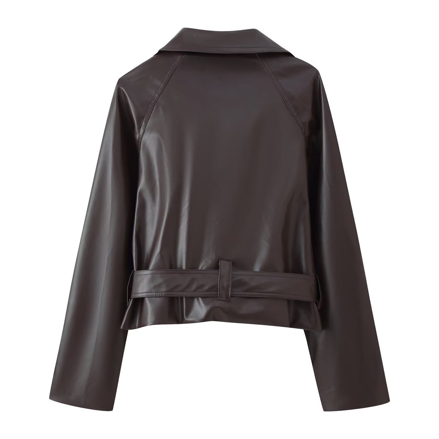 A sleek dark brown faux leather double breasted belted trench coat with a structured collar and matching belt.