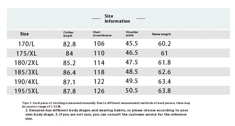 Size information chart for a faux fur winter coat for men displaying measurements in centimeters across sizes 170/L to 195/5XL.