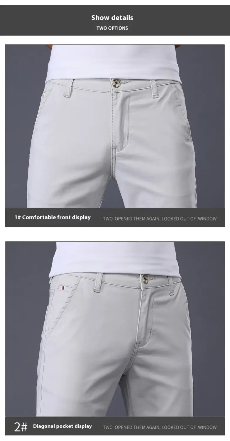 Herren-Chinohosen Slim Fit aus elastischer Baumwolle in Hellgrau mit tailliertem Sitz und diagonalen Fronttaschen.