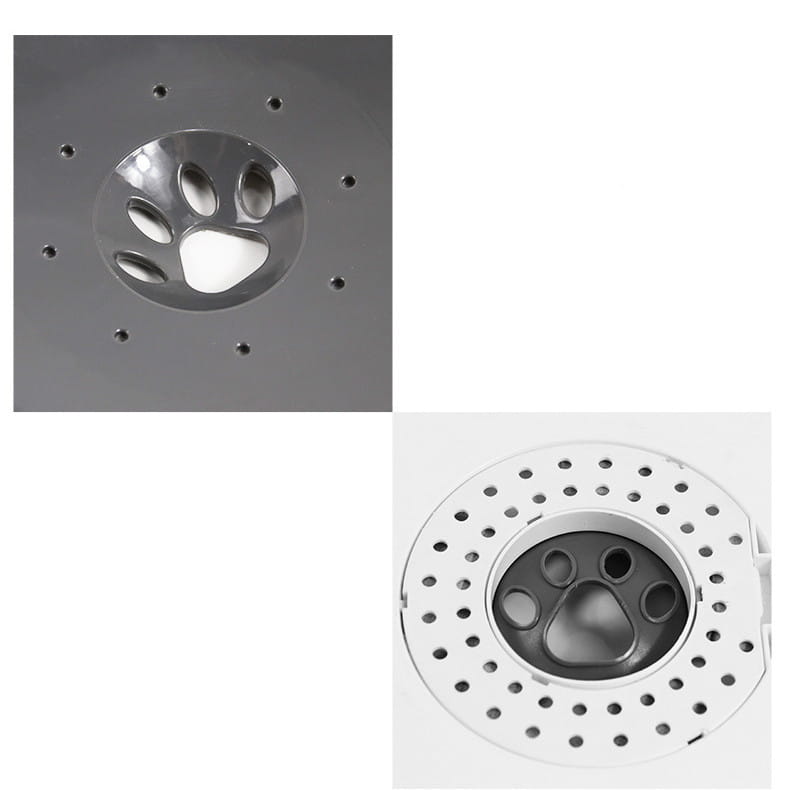 Graue Metalloptik-Pfotenabdruck-Ablaufabdeckung mit kreisförmigen Perforationen, ausgelegt zur Vermeidung von Überlaufen für eine 2-Liter-Pet-Wasserschale mit langsamer Trinkzufuhr.