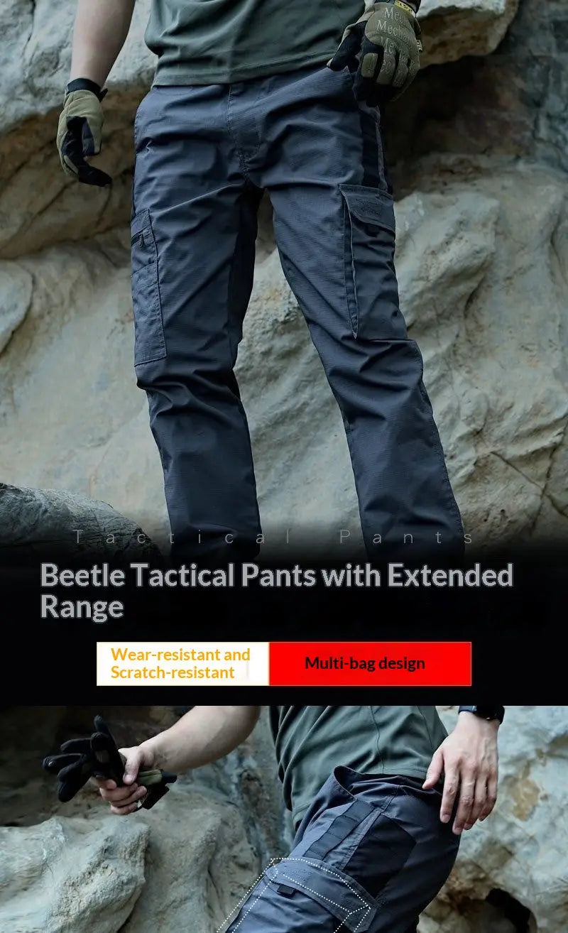 Dark gray beetle tactical cargo pants for men featuring extended range, multi-bag design, and wear-resistant scratch-resistant fabric suitable for summer use.
