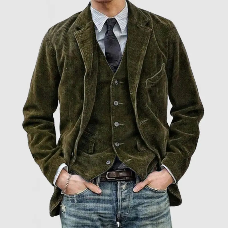 Olive green corduroy blazer for men with a minimalist retro casual style featuring a classic fit and buttoned front.