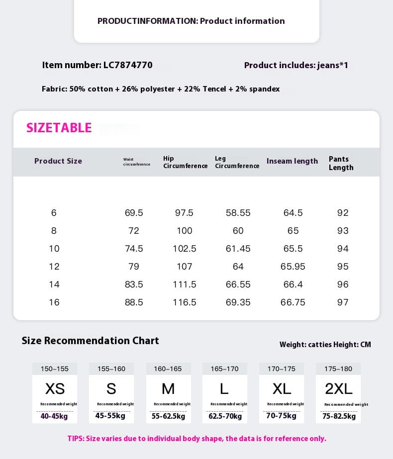 Jean à jambes larges en denim rose à taille haute évasée, effet délavé et bords effilochés, composé de 50 % coton, 26 % polyester, 22 % tencel et 2 % élasthanne, avec un tableau des tailles indiquant les mesures de tour de taille, tour de hanches, circonférence des jambes et longueur d’entrejambe