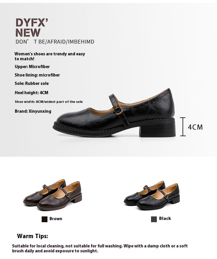 black microfiber mary jane shoes with 4cm block heel and brown leather lining for formal and casual wear