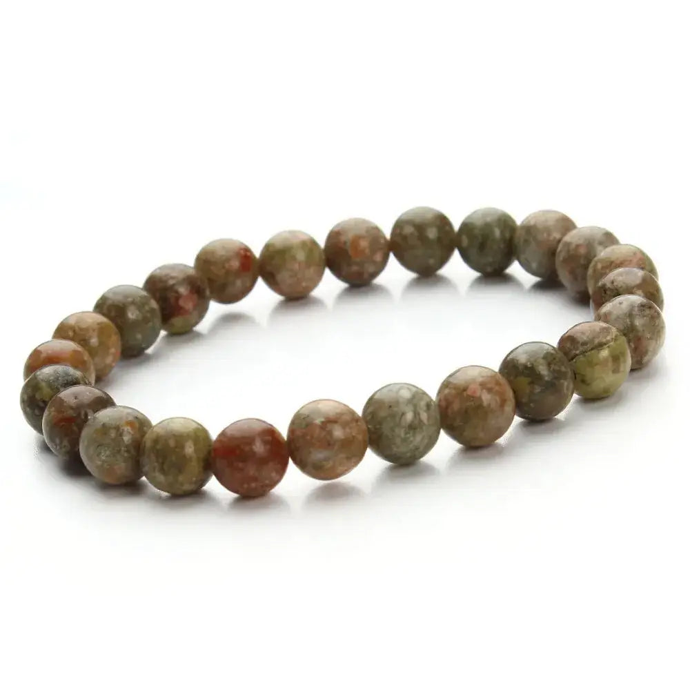 A natural polished gemstone and agate beaded bracelet featuring round earthy-toned stones with natural green and brown marbling.