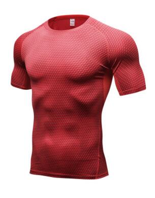 Red textured compression gym shorts set featuring a compression shirt with a subtle mesh pattern designed for athletic performance.