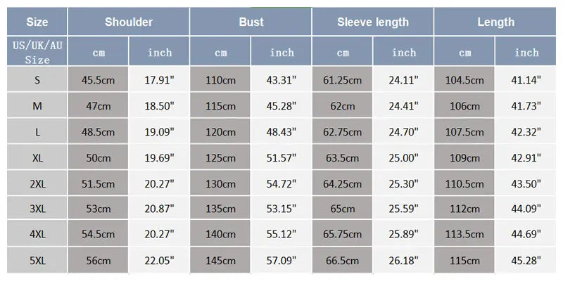Size chart for men’s wool trench coat classic double breasted overcoat showing measurements in centimeters and inches from size s to 5xl.
