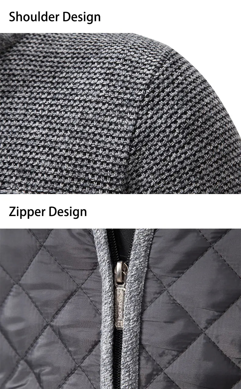 cardigan pour homme en maille matelassée à col montant, en gris, avec texture matelassée, épaule texturée et détail de fermeture à glissière métallique