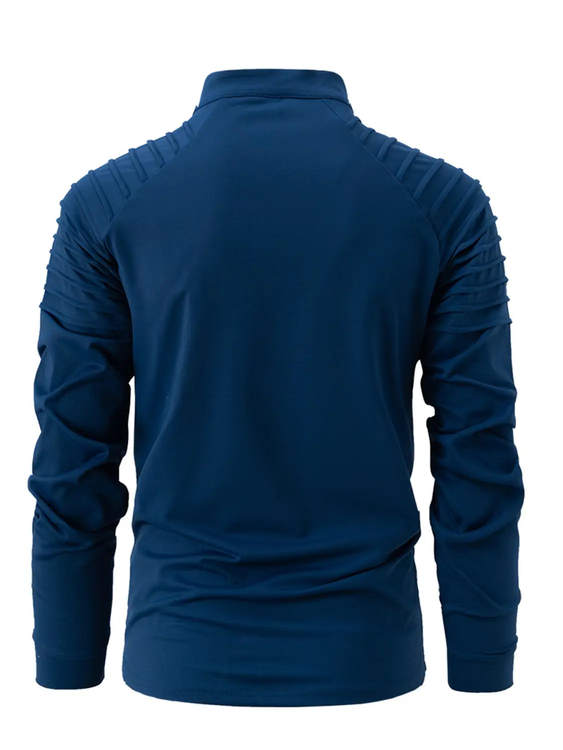 Herren-Quarter-Zip-Athletik-Poloshirt in Navyblau mit langen Ärmeln, hohem Kragen und strukturierten, gerippten Schulterbereichen.