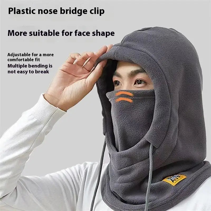 Gray fleece windproof balaclava ski mask hat with orange accent stripes and yellow brand tag.