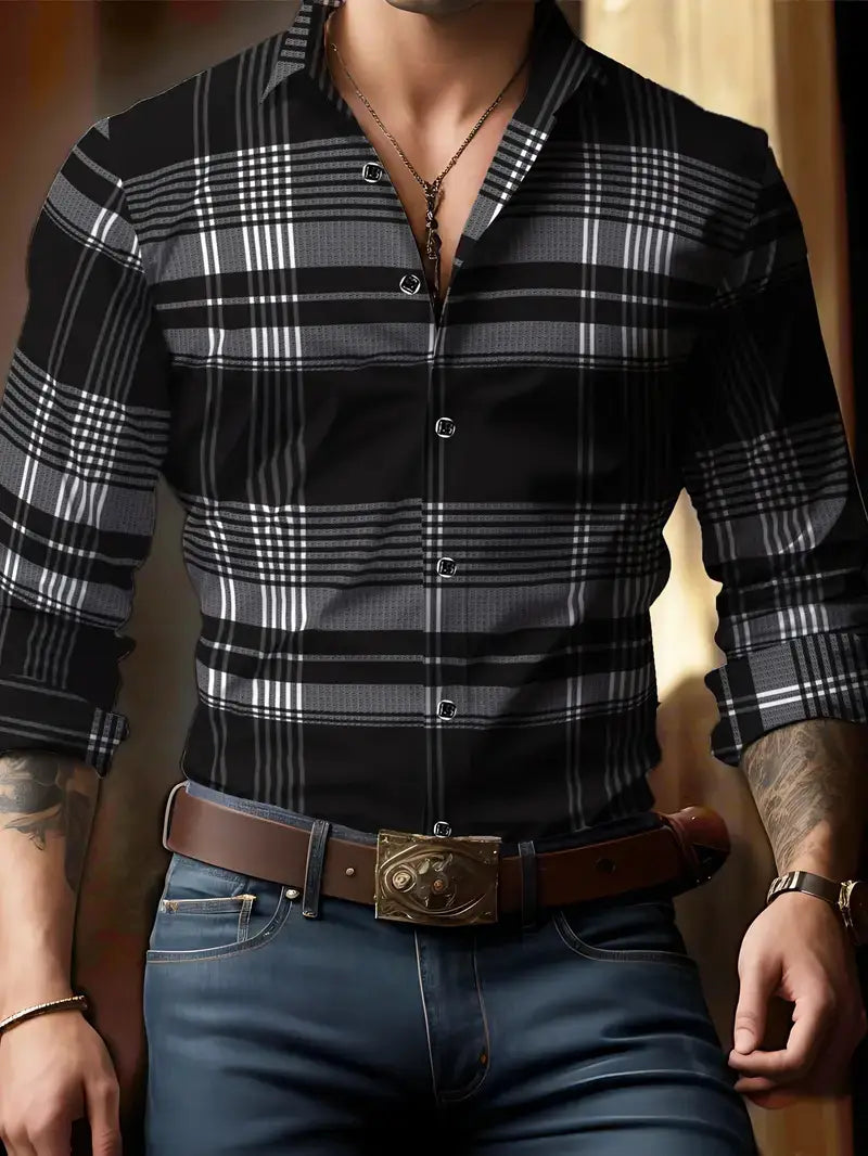 Herren-Hemd im Karolook mit langen Ärmeln im Freizeitstil in Schwarz- und Grau-Karo mit Knopfverschluss vorne und umgeschlagenen Ärmeln aus bequemem Material.