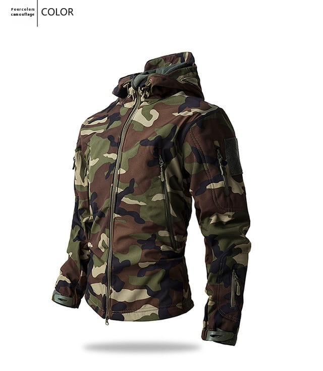 Men’s waterproof tactical fleece soft shell jacket in four-color camouflage with a hood zippered front and multiple pockets.