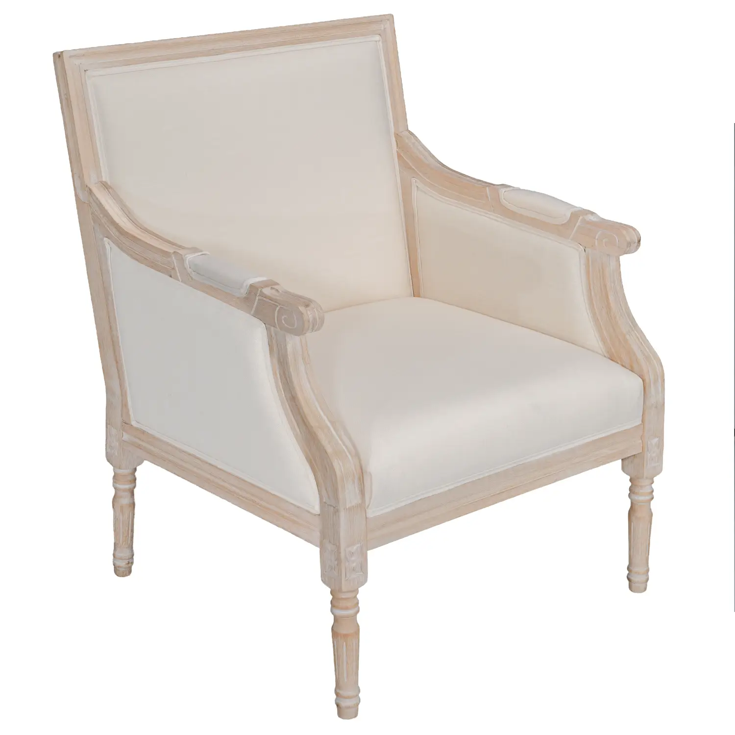 Silla francesa de acento elegante color crema, tapizada en lino, con un marco de madera clara envejecida y patas torneadas.