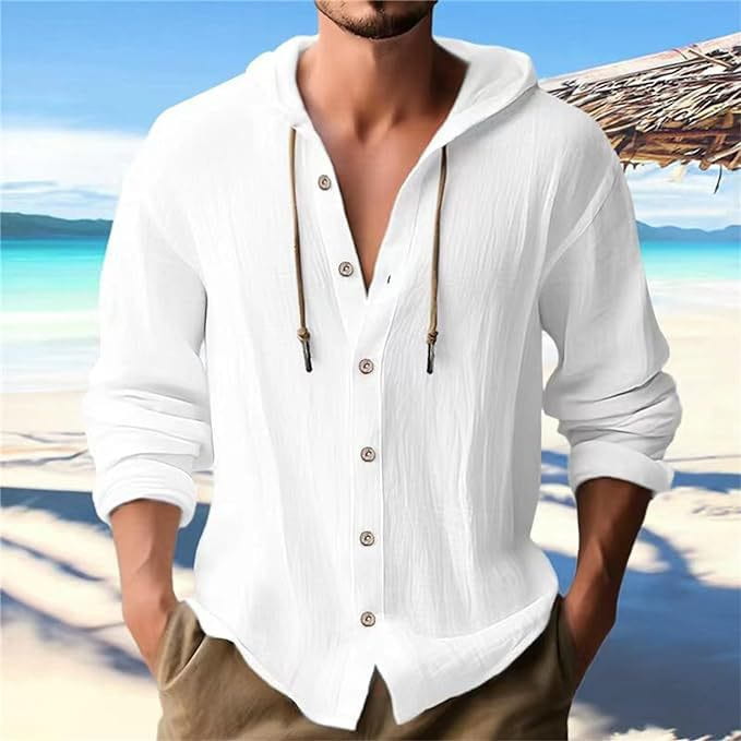 Sudadera ligera con capucha para hombre en lino blanco, con cierre frontal mediante botones y capucha con cordones, diseñada como camisa tipo cárdigan.