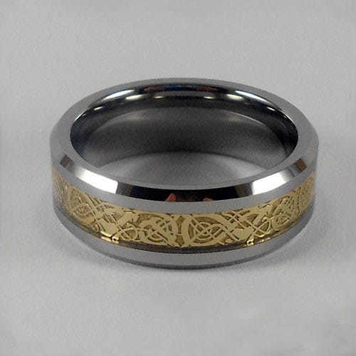 A sleek silver tungsten ring with a gold inlay featuring intricate Celtic knotwork design for a black tungsten wedding ring with green aluminum 8mm.