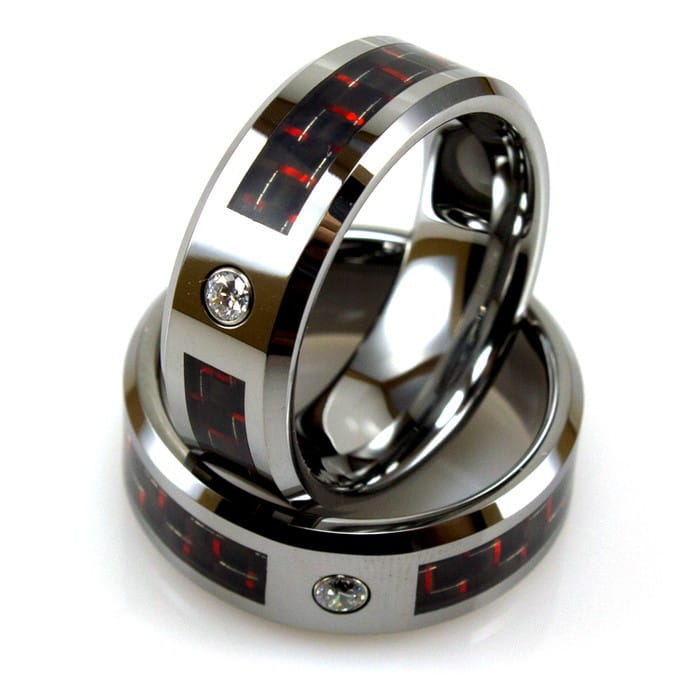 Black tungsten wedding ring with green aluminum 8mm band featuring a sleek polished stainless steel finish with embedded red carbon fiber inlays and clear cubic zirconia stones.