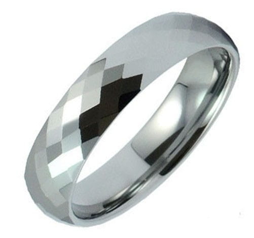 Black tungsten wedding ring with green aluminum 8mm featuring a sleek silver-toned tungsten carbide band with a polished outer surface and an intricate diamond-cut pattern on its inner surface.