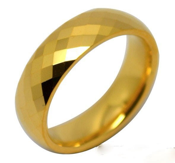 Black tungsten wedding ring with green aluminum 8mm gold-colored faceted diamond-cut outer surface and smooth inner band.
