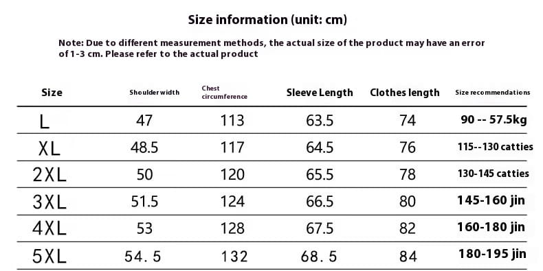 Tabla de tallas para una chaqueta acolchada de trabajo para hombres que muestra las medidas de prendas femeninas en centímetros y los rangos de peso recomendados para tallas de L a 5XL.