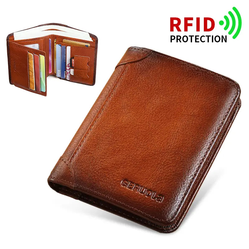 Brown leather men’s rfid wallet with zip coin pocket featuring rfid protection and embossed brand logo.