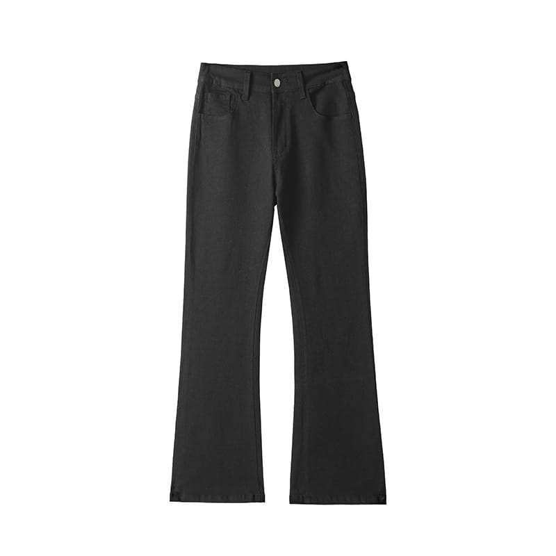 Modern black straight leg bootcut denim jeans featuring high-waisted flared design with sleek straight-leg cut and subtle stitching details.