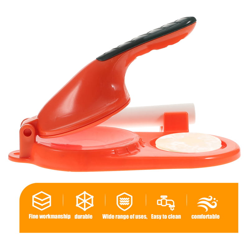 Bright orange plastic dumpling maker 3 in 1 manual dough pressing tool with a black textured handle and white rolling pin.