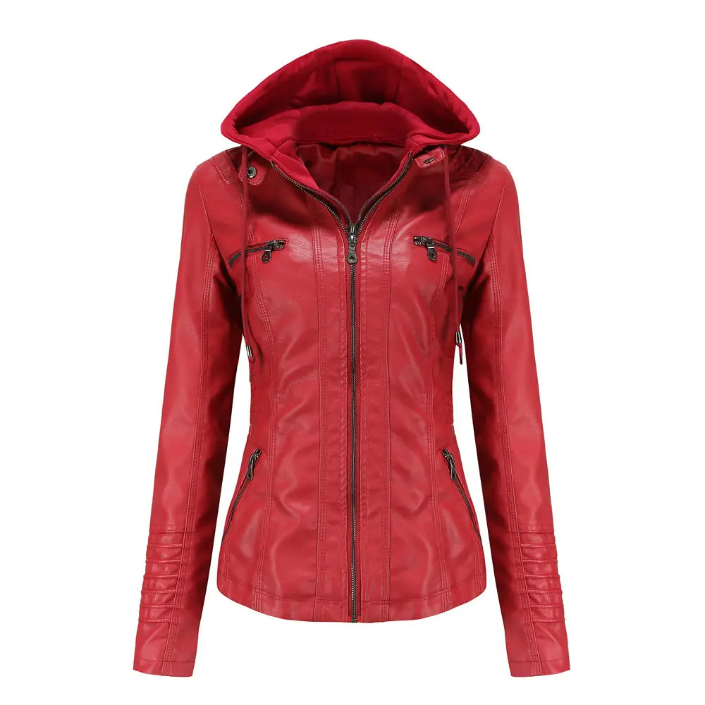 red faux leather hooded jacket with black zippers and ribbed cuffs designed as a two-piece detachable slim fit outerwear