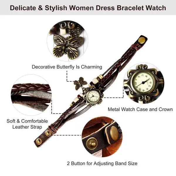 Delicate brown braided leather bracelet watch with a vintage metal case and crown adorned with an ornate butterfly charm in a vintage bohemian style.