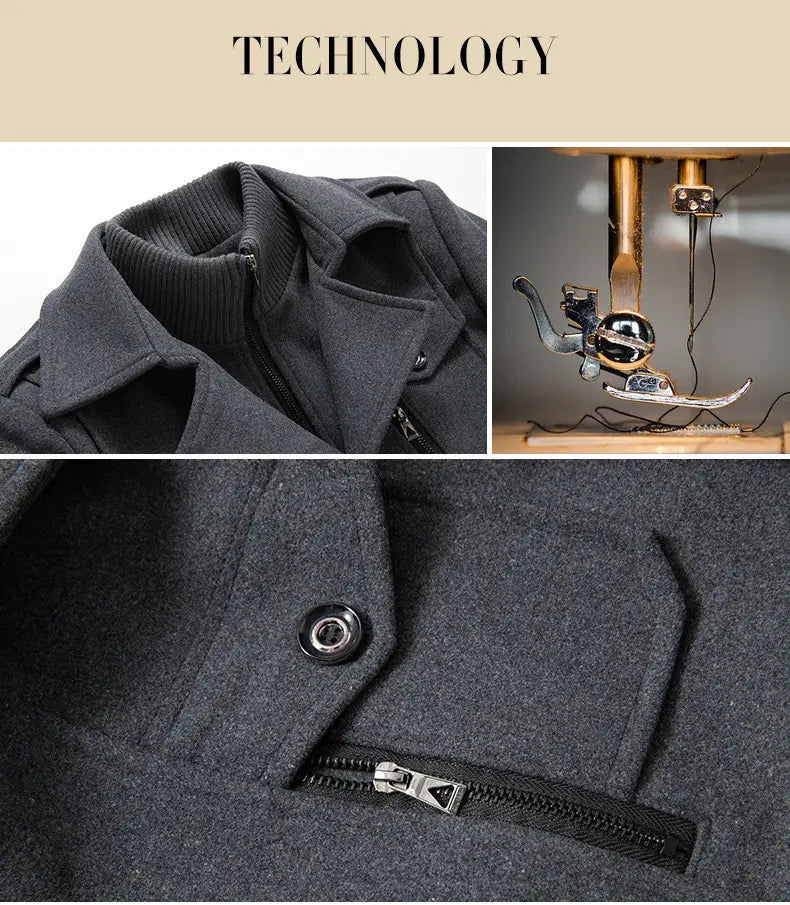 Men’s thermal woolen jacket in dark gray with black zipper and button details made of wool for warmth and style.