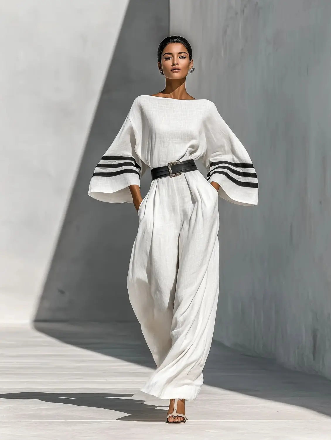 Weißer Leinen-Jumpsuit mit weitem Bein, mit schwarzen gestreiften Manschetten und passendem Gürtel.
