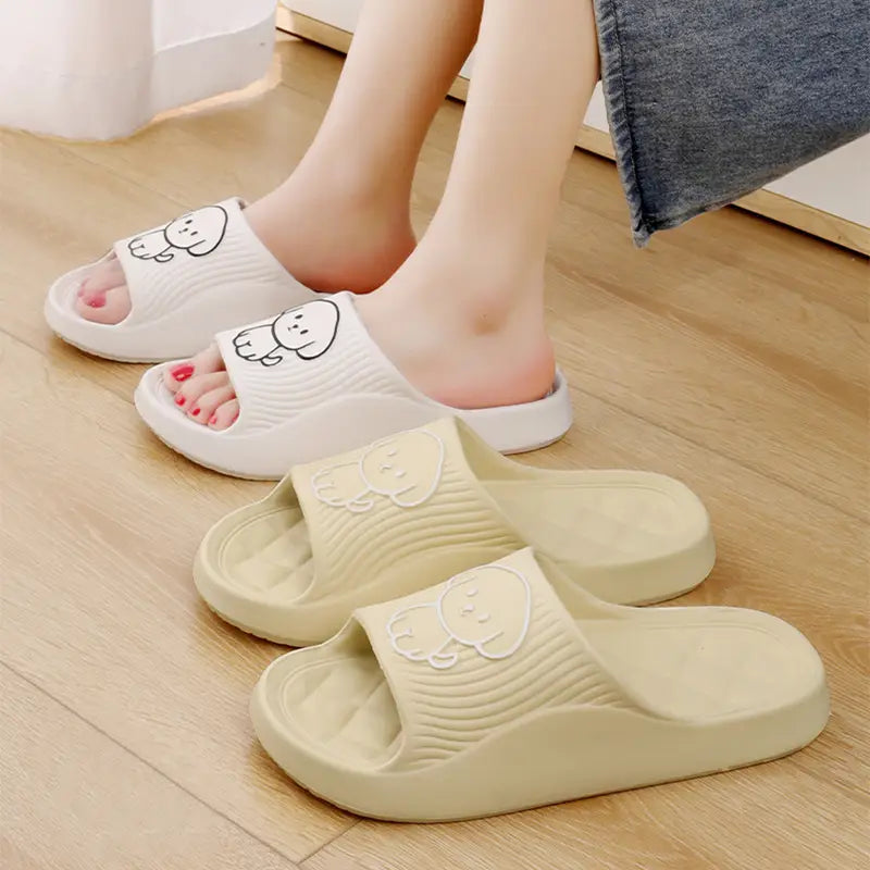 White and beige dog cartoon slide sandals with ribbed texture made of non slip EVA for indoor house use