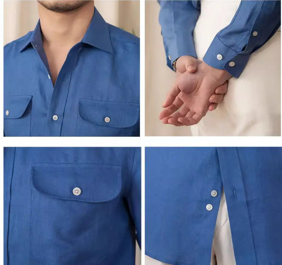 camisa informal abotonada de manga larga de lino puro azul real, impecable, con bolsillos discretos en el pecho y botones a juego con acabado en tono plateado.