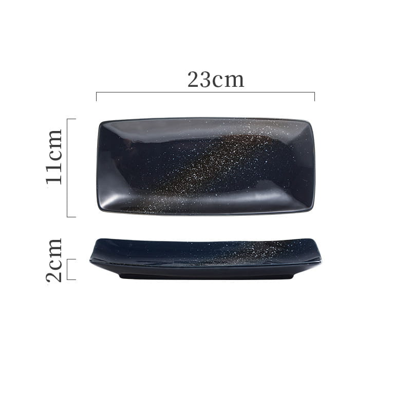 Black rectangular ceramic sushi plate with a subtle gold glitter finish and rounded corners measuring 23cm by 11cm designed as a Japanese ceramic rectangular tray.