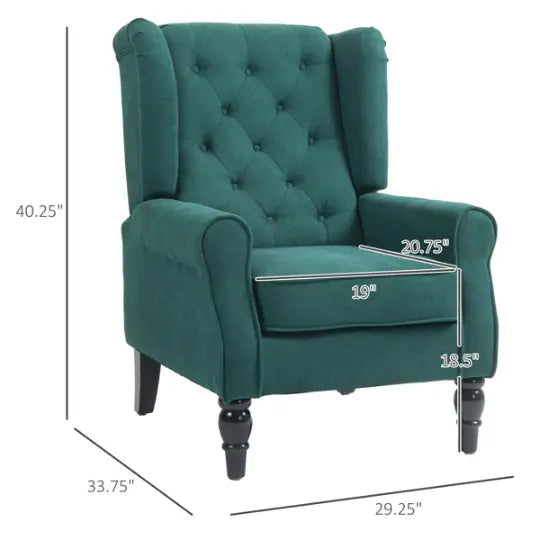 Fauteuil d’appoint à dossier capitonné « wingback » en velours vert turquoise foncé, avec accoudoirs moulurés et pieds en bois.