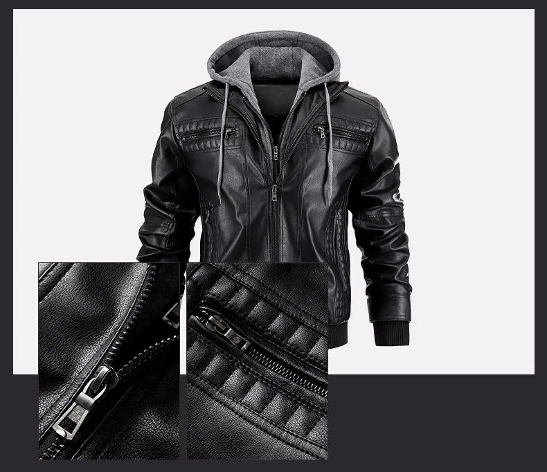 Veste en similicuir PU à capuche pour homme noire avec doublure en polaire grise et finitions cousues.