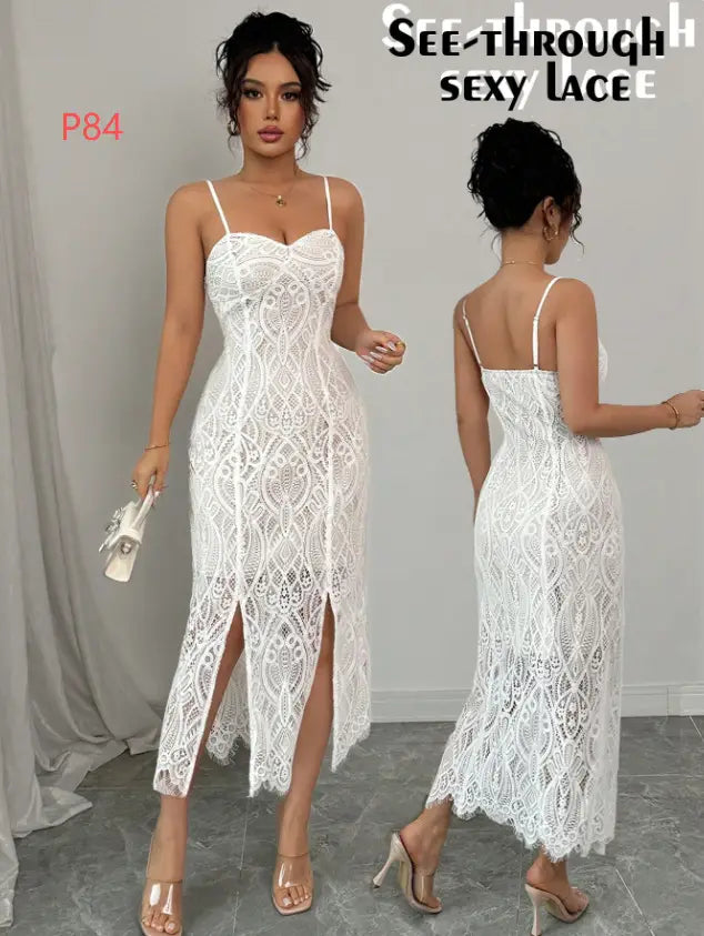 White see-through lace maxi dress with delicate geometric patterns and thin spaghetti straps featuring a v neck and side slit.