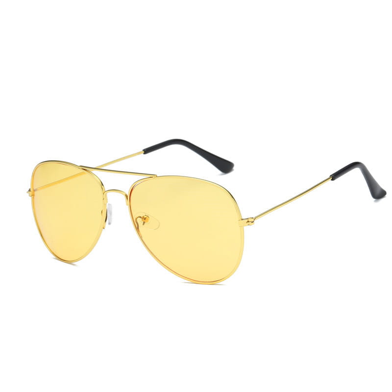 Classic unisex metal aviator sunglasses with gold-rimmed frames, yellow-tinted lenses, black temple tips, and UV protection.