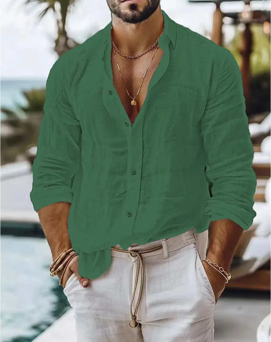 mens cotton long sleeve casual button down shirt in green with a relaxed fit and rolled sleeves