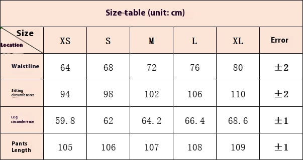 Tabla de tallas para vaqueros de pierna ancha y rotos de tiro alto, denim color azul claro, que muestra medidas en centímetros de las tallas xs a xl.