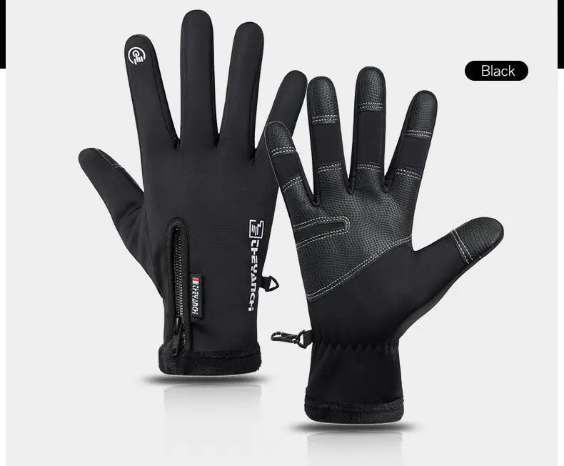 Black waterproof touchscreen winter cycling gloves with textured palm, reinforced fingertips, and a zippered wrist pocket shown from the back side.