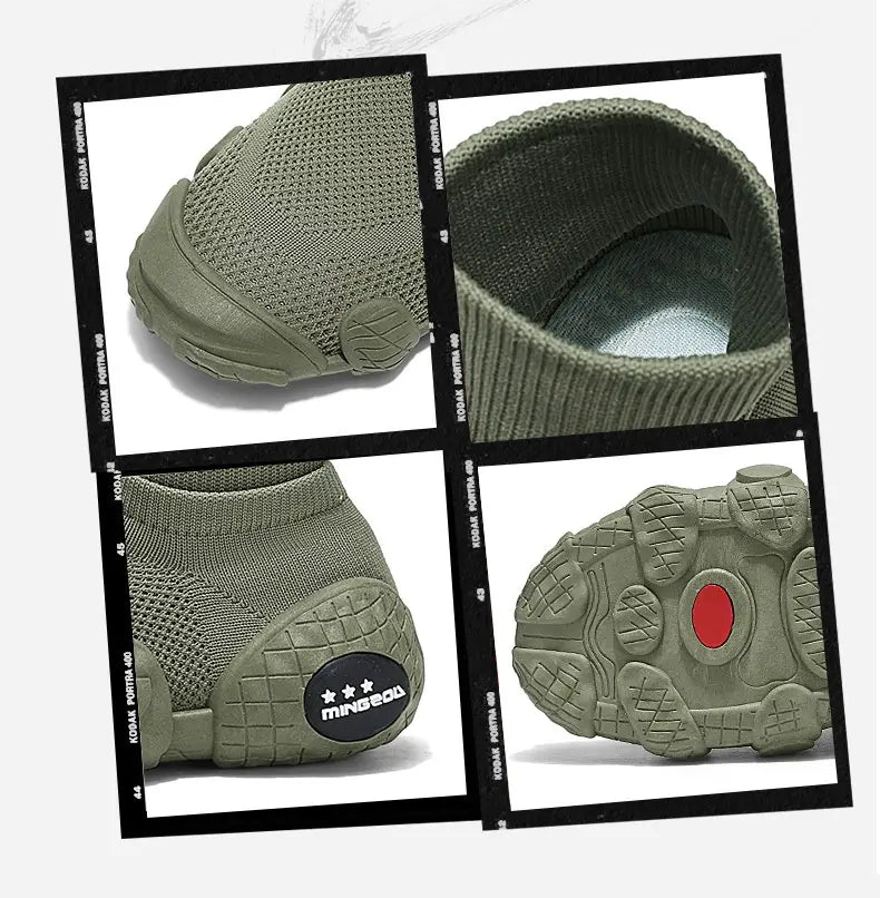Olivegrüne Strick-Mesh-Sneaker im mittelhohen Stil für den Alltag und Sport, wie von der Rückseite gezeigt, mit einer strukturierten Gummilaufsohle und roter, runder Zierdetail an der Ferse.