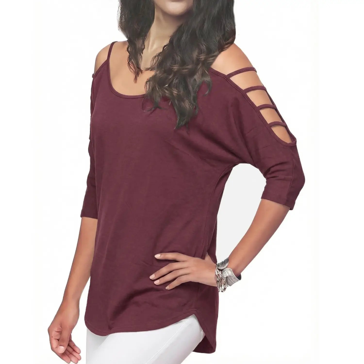Maroon off-shoulder cut-out top with cold-shoulder design and three-quarter sleeves made of soft fabric.