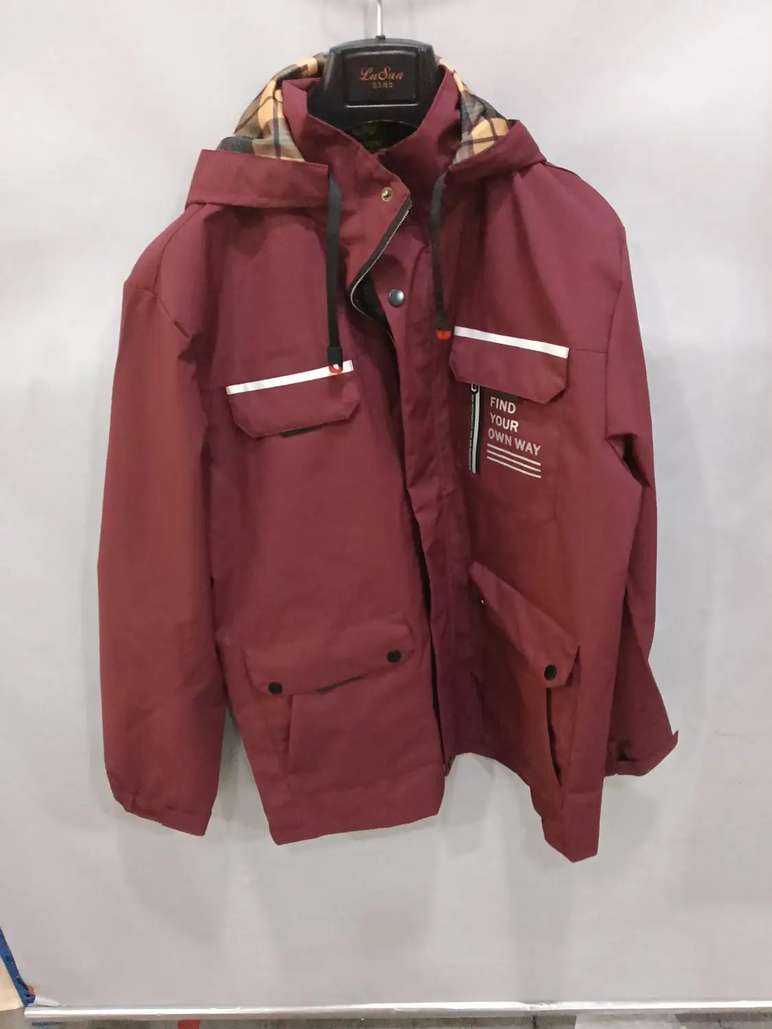 men winter hooded parka coat in maroon with white stripe accents and a plaid-lined interior designed for cold weather protection.