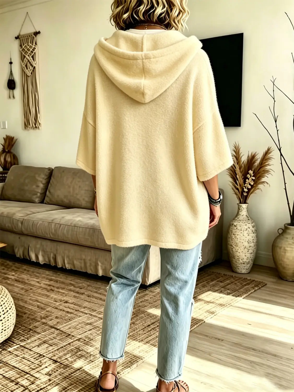 Cream-colored oversized fleece hooded top with soft texture and short three-quarter sleeves.