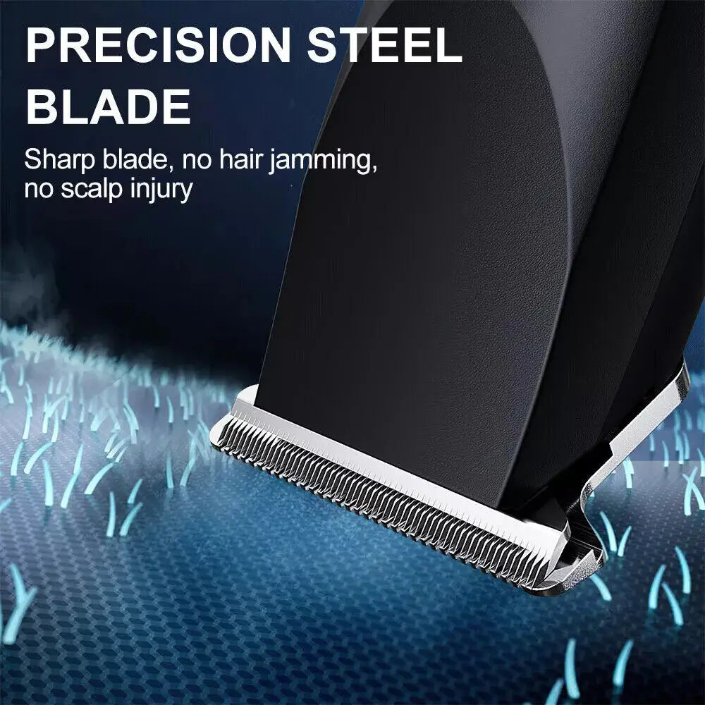 Tondeuses à cheveux électriques noires avec lame en acier de précision et protège-argent métallique issu d’un ensemble de coupe-barbe sans fil.